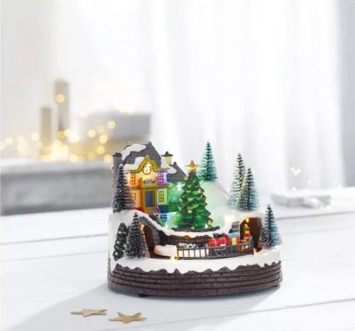 Livarno Home 482066-24-A WH Világító karácsonyi falu, zenélő jelenet körbe járó kisvonattal, 12 LED-del, 195 x 185 x 163 mm