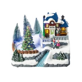   Livarno Home 482066-24-B BL Világító karácsonyi falu, zenélő jelenet forgó fenyőfával, 8 LED-del, 200 x 150 x 155 mm