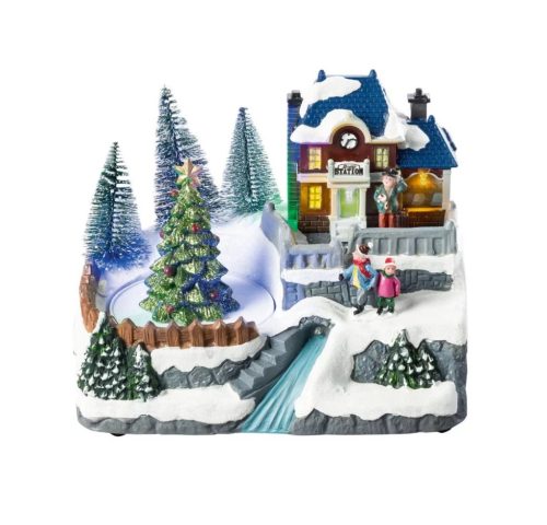 Livarno Home 482066-24-B BL Világító karácsonyi falu, zenélő jelenet forgó fenyőfával, 8 LED-del, 200 x 150 x 155 mm