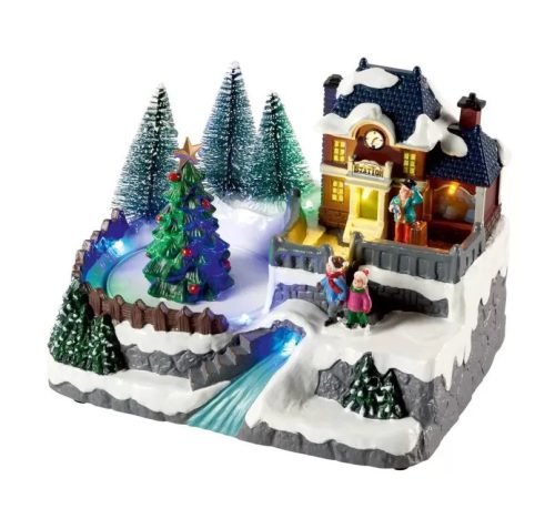 Livarno Home 482066-24-B BL Világító karácsonyi falu, zenélő jelenet forgó fenyőfával, 8 LED-del, 200 x 150 x 155 mm