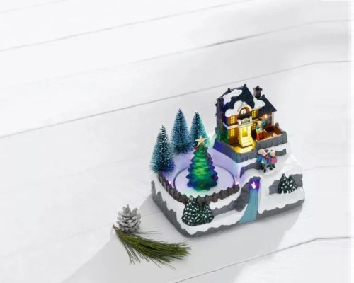 Livarno Home 482066-24-B BL Világító karácsonyi falu, zenélő jelenet forgó fenyőfával, 8 LED-del, 200 x 150 x 155 mm