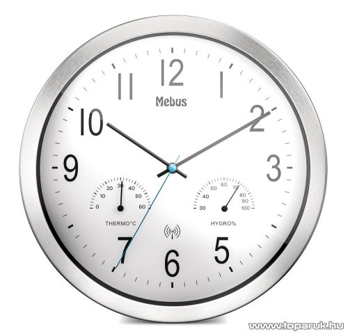 (szállítási sérült 766880X) Mebus 19464 DCF Rádióvezérelt analóg, mechanikus falióra, páratartalom mérővel és hőmérővel, fehér, inox