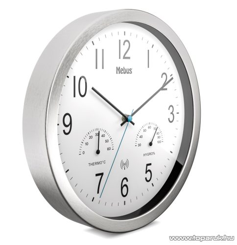 (szállítási sérült 766880X) Mebus 19464 DCF Rádióvezérelt analóg, mechanikus falióra, páratartalom mérővel és hőmérővel, fehér, inox
