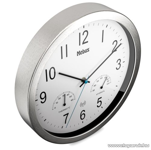 (szállítási sérült 766880X) Mebus 19464 DCF Rádióvezérelt analóg, mechanikus falióra, páratartalom mérővel és hőmérővel, fehér, inox