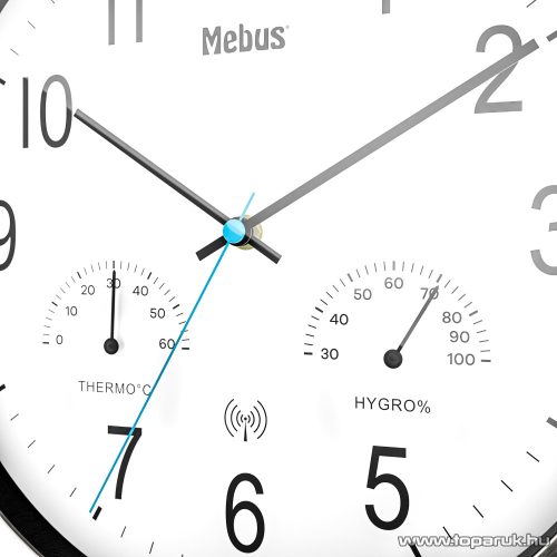 (szállítási sérült 766880X) Mebus 19464 DCF Rádióvezérelt analóg, mechanikus falióra, páratartalom mérővel és hőmérővel, fehér, inox