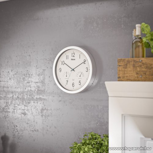 (szállítási sérült 766880X) Mebus 19464 DCF Rádióvezérelt analóg, mechanikus falióra, páratartalom mérővel és hőmérővel, fehér, inox