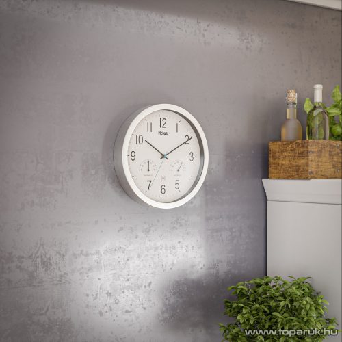 (szállítási sérült 766880X) Mebus 19464 DCF Rádióvezérelt analóg, mechanikus falióra, páratartalom mérővel és hőmérővel, fehér, inox