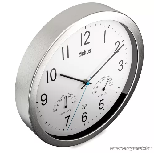 Mebus 19464 DCF Rádióvezérelt analóg, mechanikus falióra, páratartalom mérővel és hőmérővel, fehér, inox