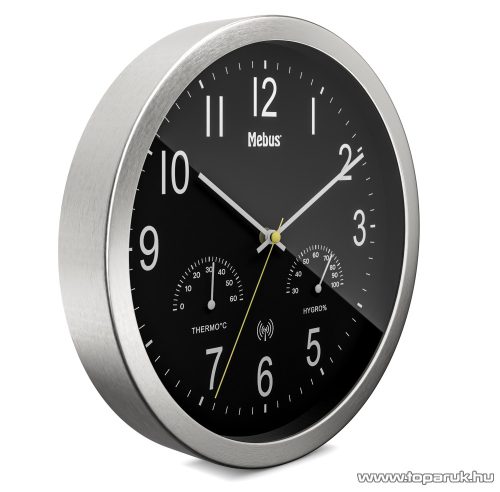 Mebus 19465 DCF Rádióvezérelt analóg, mechanikus falióra, páratartalom mérővel és hőmérővel, fekete, inox