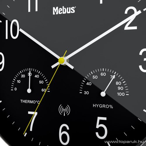 Mebus 19465 DCF Rádióvezérelt analóg, mechanikus falióra, páratartalom mérővel és hőmérővel, fekete, inox