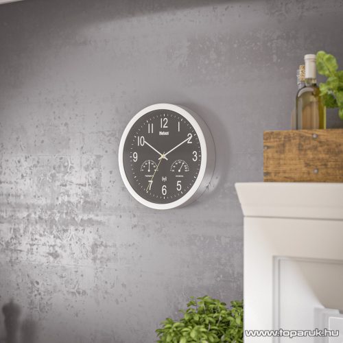 Mebus 19465 DCF Rádióvezérelt analóg, mechanikus falióra, páratartalom mérővel és hőmérővel, fekete, inox