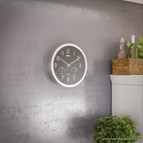 Mebus 19465 DCF Rádióvezérelt analóg, mechanikus falióra, páratartalom mérővel és hőmérővel, fekete, inox