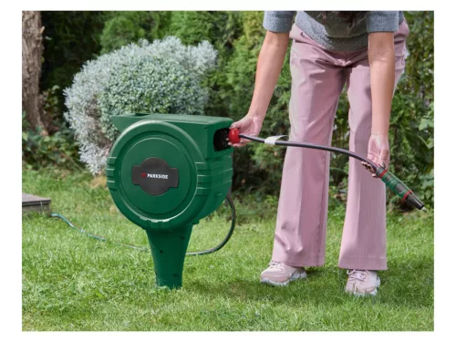 ParkSide HRG 25 A1 Földbe süllyeszthető, leszúrható automata földi tömlődob, 25 méter, 1/2" locsolótömlővel és szórófejjel