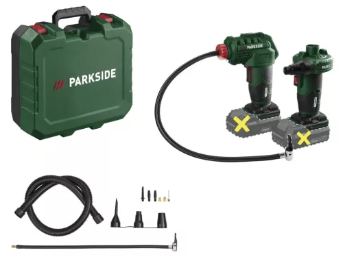 Parkside PAK 20-Li C3 akkus kompresszor és PALP 20-Li C3 fújtató pumpa készlet kofferben
