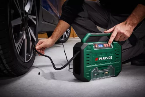 ParkSide PMK 150 A1 Autós / hálózati digitális, olajmentes hordozható kompresszor, táskakompresszor, mobil táska kompresszor, 12V / 230V, 150W, 1 bar