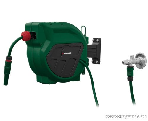 (SELEJT / 357639) ParkSide PSA 20 A1 Fali automata tömlődob, 20 méter, 1/2" locsolótömlővel és szórófejjel