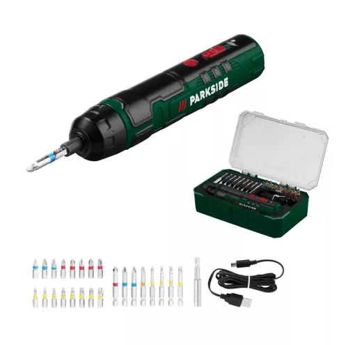 Parkside PASS 4 A1 akkus csavarozó készlet bitkészlettel, 4 V 1,5 Ah akkumulátorral, USB-C töltéssel