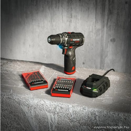 ParkSide Performance PBSPA 12 B2 Akkus fúró csavarozó behajtó készlet töltővel, táskával, 2Ah akkuval, bitfej és fúrószár készlettel, 35 Nm