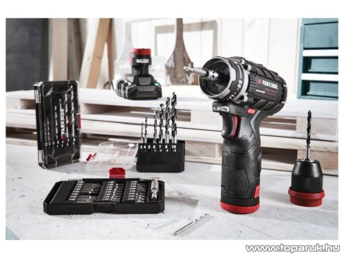 ParkSide Performance PBSPA 12 E4 Dupla akkus levehető tokmányos fúró csavarozó behajtó készlet töltővel + táskában, 2 db 12V, 2Ah akkuval, 39 részes, 35 Nm