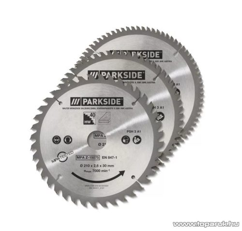 ParkSide PSH 3 A1 Körfűrészlap készlet PKS 1500 / PZKS 2000 bütüző és gérvágó fűrészhez,  3 darabos (210 mm / 40 / 60 / 80 fogas)