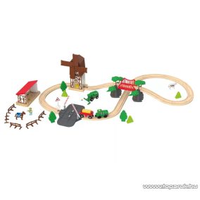   PlayTive Farm Train Set Parasztház fa vasútkészlet, istállóval és malommal, 43 részes