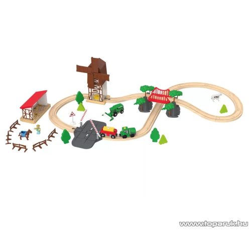 PlayTive Farm Train Set Parasztház fa vasútkészlet, istállóval és malommal, 43 részes