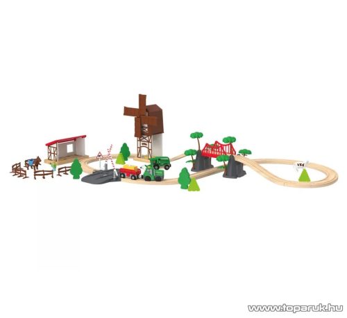 PlayTive Farm Train Set Parasztház fa vasútkészlet, istállóval és malommal, 43 részes
