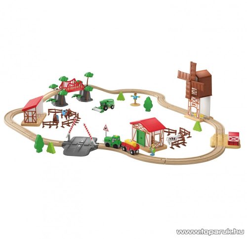 PlayTive Farm Train Set Parasztház fa vasútkészlet, istállóval és malommal, 56 részes