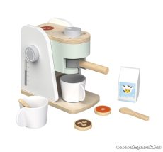 PlayTive KU-12903 Játék fa kávéfőző gép készlet kávépárnával, tejes dobozzal, kanállal, műanyag csészével (9 részes)