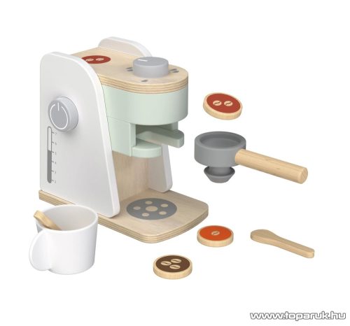 PlayTive KU-12903 Játék fa kávéfőző gép készlet kávépárnával, tejes dobozzal, kanállal, műanyag csészével (9 részes)