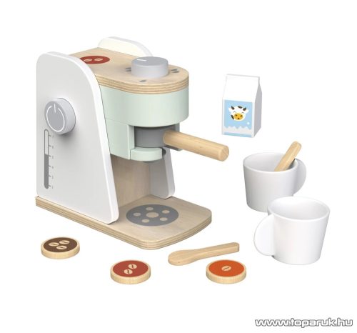 PlayTive KU-12903 Játék fa kávéfőző gép készlet kávépárnával, tejes dobozzal, kanállal, műanyag csészével (9 részes)
