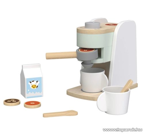 PlayTive KU-12903 Játék fa kávéfőző gép készlet kávépárnával, tejes dobozzal, kanállal, műanyag csészével (9 részes)