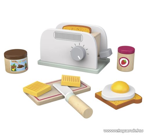 PlayTive KU-12906 Pop-up játék fa kenyérpirító készlet pirítóssal, tükörtojással, vajjal, nugátkrémmel, lekváros fazékkal, deszkával, műanyag késsel (12 részes)