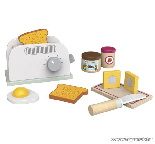 PlayTive KU-12906 Pop-up játék fa kenyérpirító készlet pirítóssal, tükörtojással, vajjal, nugátkrémmel, lekváros fazékkal, deszkával, műanyag késsel (12 részes)