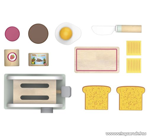 PlayTive KU-12906 Pop-up játék fa kenyérpirító készlet pirítóssal, tükörtojással, vajjal, nugátkrémmel, lekváros fazékkal, deszkával, műanyag késsel (12 részes)