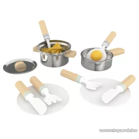   PlayTive KU-12907 Játék fa konyhai edény készlet fém serpenyővel, főzőedénnyel, műanyag tányérral, tésztával, tükörtojással (18 részes)