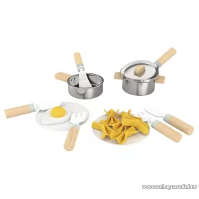   PlayTive KU-12907 Játék fa konyhai edény készlet fém serpenyővel, főzőedénnyel, műanyag tányérral, tésztával, tükörtojással (18 részes)