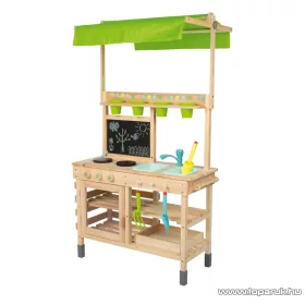   PlayTive Mud Kitchen PREMIUM Kültéri / fából készült kerti játékkonyha, sárkonyha, mosogatóval, főzőlappal, 2 polccal és rajztáblával, 77 x 135 x 50 cm, zöld
