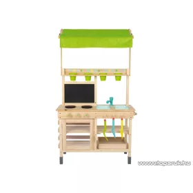   PlayTive Mud Kitchen PREMIUM Kültéri / fából készült kerti játékkonyha, sárkonyha, mosogatóval, főzőlappal, 2 polccal és rajztáblával, 77 x 135 x 50 cm, zöld