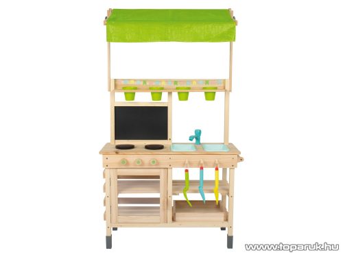 PlayTive Mud Kitchen PREMIUM Kültéri / fából készült kerti játékkonyha, sárkonyha, mosogatóval, főzőlappal, 2 polccal és rajztáblával, 77 x 135 x 50 cm, zöld