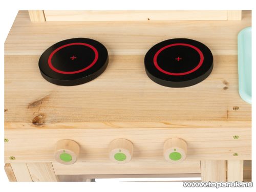 PlayTive Mud Kitchen PREMIUM Kültéri / fából készült kerti játékkonyha, sárkonyha, mosogatóval, főzőlappal, 2 polccal és rajztáblával, 77 x 135 x 50 cm, zöld