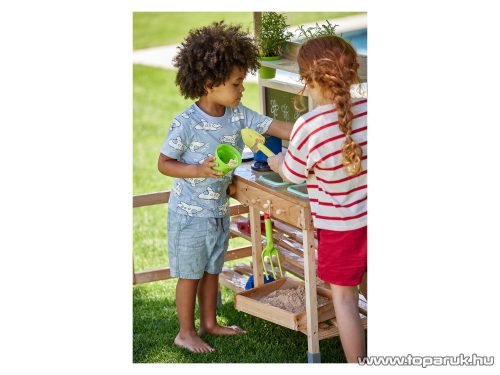 PlayTive Mud Kitchen PREMIUM Kültéri / fából készült kerti játékkonyha, sárkonyha, mosogatóval, főzőlappal, 2 polccal és rajztáblával, 77 x 135 x 50 cm, zöld