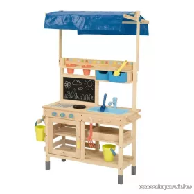   PlayTive Mud Kitchen PREMIUM NC Kültéri / fából készült kerti játékkonyha, sárkonyha, mosogatóval, főzőlappal, 2 polccal és rajztáblával, 82 x 135 x 50 cm, kék