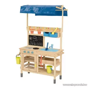   lupilu / PlayTive Mud Kitchen PREMIUM NC Kültéri / fából készült kerti játékkonyha, sárkonyha, mosogatóval, főzőlappal, 2 polccal és rajztáblával, 82 x 135 x 50 cm, kék