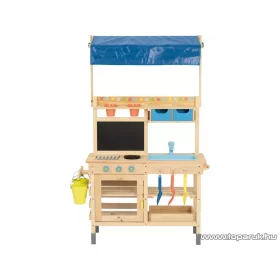   PlayTive Mud Kitchen PREMIUM NC Kültéri / fából készült kerti játékkonyha, sárkonyha, mosogatóval, főzőlappal, 2 polccal és rajztáblával, 82 x 135 x 50 cm, kék