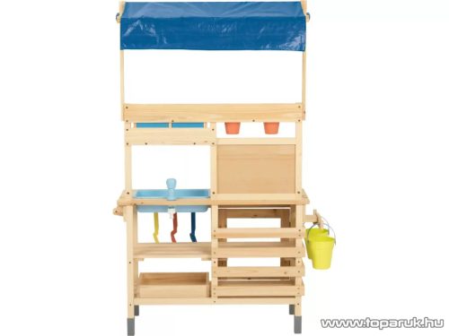 PlayTive Mud Kitchen PREMIUM NC Kültéri / fából készült kerti játékkonyha, sárkonyha, mosogatóval, főzőlappal, 2 polccal és rajztáblával, 82 x 135 x 50 cm, kék
