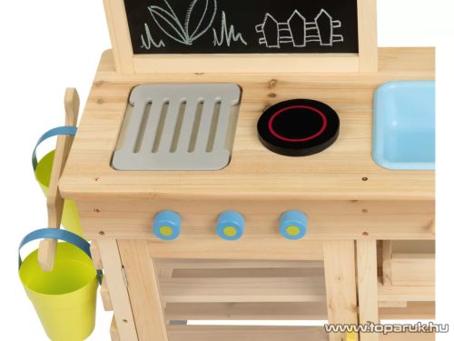 PlayTive Mud Kitchen PREMIUM NC Kültéri / fából készült kerti játékkonyha, sárkonyha, mosogatóval, főzőlappal, 2 polccal és rajztáblával, 82 x 135 x 50 cm, kék