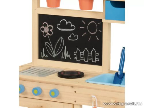 PlayTive Mud Kitchen PREMIUM NC Kültéri / fából készült kerti játékkonyha, sárkonyha, mosogatóval, főzőlappal, 2 polccal és rajztáblával, 82 x 135 x 50 cm, kék
