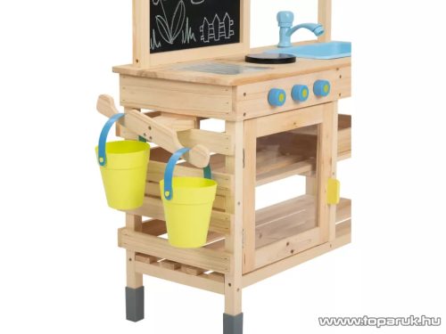 PlayTive Mud Kitchen PREMIUM NC Kültéri / fából készült kerti játékkonyha, sárkonyha, mosogatóval, főzőlappal, 2 polccal és rajztáblával, 82 x 135 x 50 cm, kék