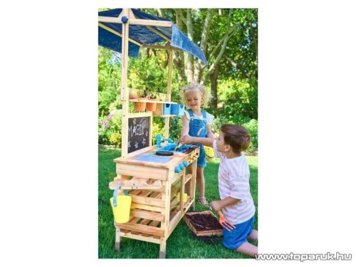 PlayTive Mud Kitchen PREMIUM NC Kültéri / fából készült kerti játékkonyha, sárkonyha, mosogatóval, főzőlappal, 2 polccal és rajztáblával, 82 x 135 x 50 cm, kék